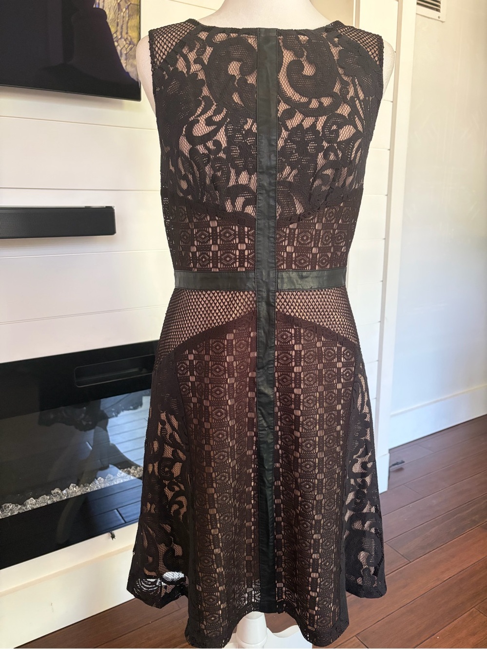 Sleeveless Black Lace Mini Dress with Nude Underlay